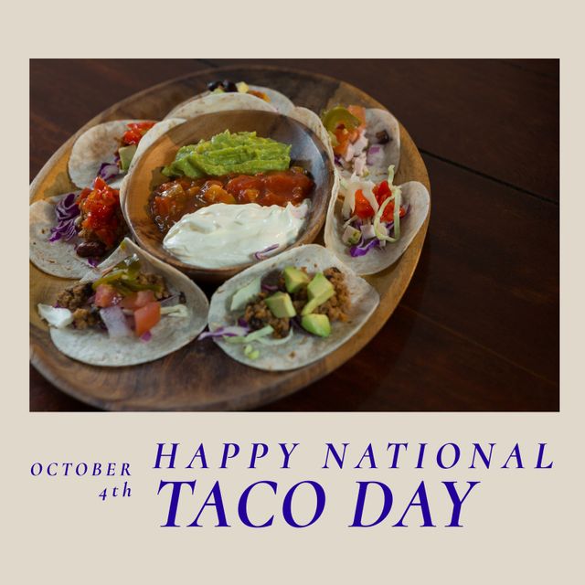 Happy National Taco Day Celebration with Variety of Tacos and Dips - Download Free Stock Templates Pikwizard.com