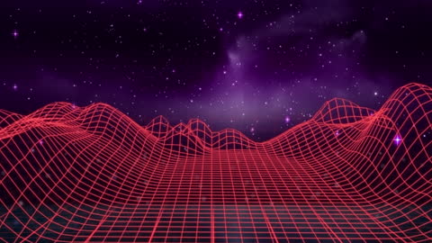 Futuristic Neon Grid with Moving Triangles under Starry Sky