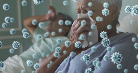 Elderly Couple Affected by COVID-19, Virus Cells in Foreground
