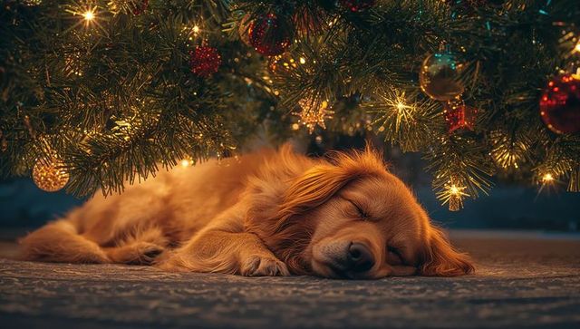 Golden Dog Sleeping Cozy Beneath Glowing Christmas Tree