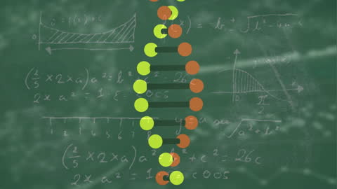 Animated DNA Strand with Scientific Formulas on Chalkboard