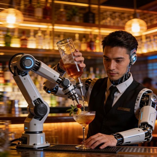 Cyborg bartender pouring cocktail with robotic arm at luxury bar, futuristic service