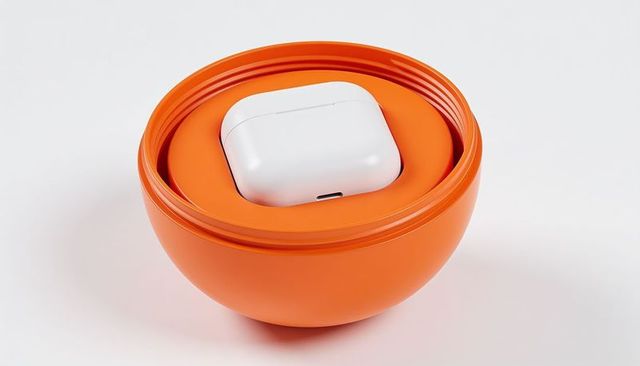 Glossy orange dome holding white wireless earbud case on clean white background
