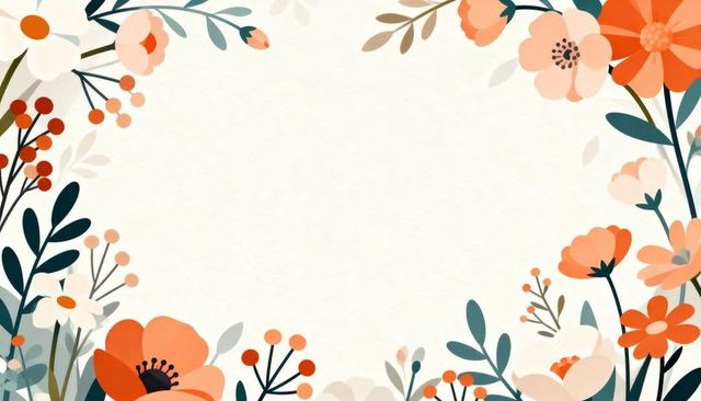 Framing floral border with coral poppies and leaves on cream paper for stationery