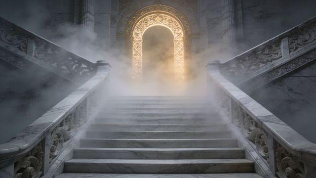 Grand marble staircase leading to glowing ornate golden arch through misty palace interior