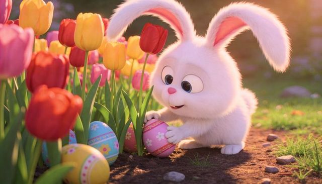 Fluffy white bunny discovering colorful easter eggs among tulips in golden sunlight