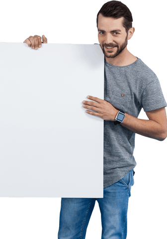 smiling man holding large blank board standing on transparent background - Download Free Stock Videos Pikwizard.com