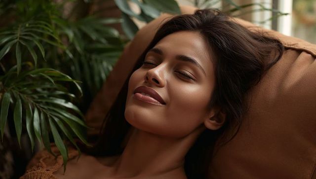 Relaxing woman reclining on brown cushion with indoor palm, warm intimate portrait