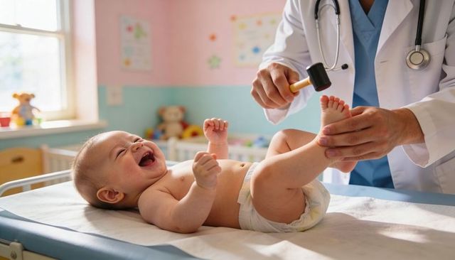 Happy baby receiving reflex check from pediatrician with stethoscope in pastel clinic