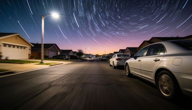 Silver sedan sitting on quiet suburban street under rotating star trails at twilight