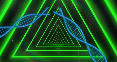 Neon tunnel with glowing blue dna strands crossing futuristic holographic corridor