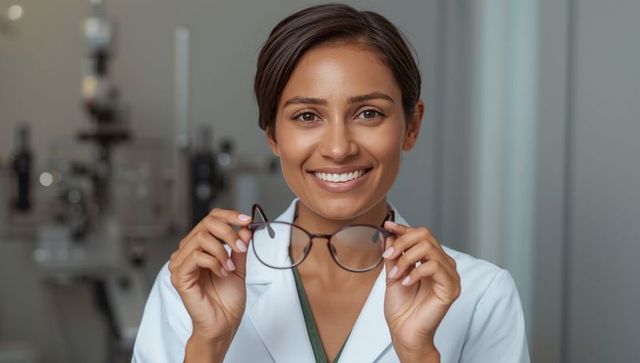 Smiling optometrist holding eyeglasses in exam room