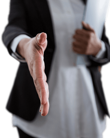 Transparent businesswoman offering handshake in corporate attire
