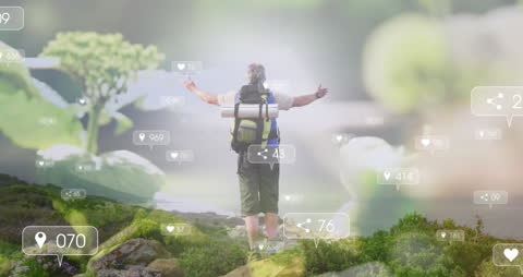 Man with Backpack amidst Nature and Digital Overlay