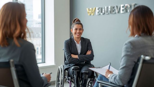 Confident wheelchair user professional interviewing with corporate hiring panel