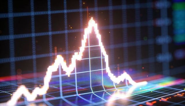 Pulsing neon 3d line graph on futuristic digital grid mesh visualizing big data waveform analytics