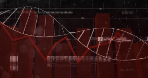Red dna double helix weaving through digital analytics dashboard with bar and line graphs