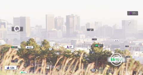 City skyline showing floating social media metrics hovering over urban greenspace