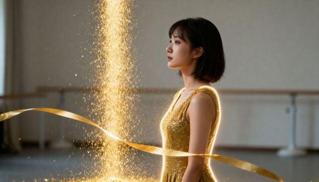 Golden ribbon ballet: asian dancer standing in sequined dress with falling glitter and sash