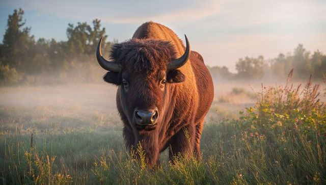 Majestic american bison standing in misty prairie meadow at sunrise with curved horns