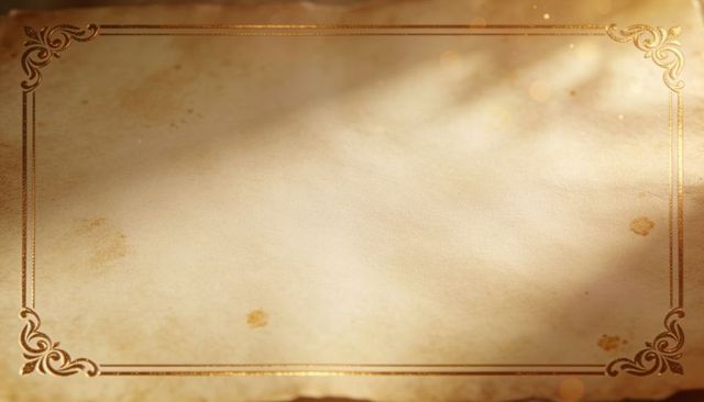 Gilded vintage parchment background with ornate gold filigree border and warm bokeh