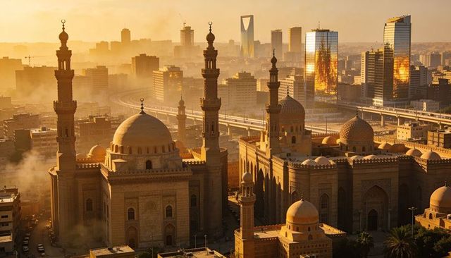 Golden light bathing ornate mosque complex with domes and minarets against modern skyline and elevat