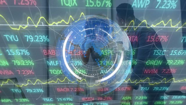 Video shows a futuristic digital interface with stock market data overlay and diverse business people engaged in a discussion. Suitable for illustrating concepts related to financial analysis, global business, stock trading, and technological advancements in finance.