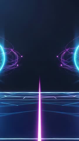 Vertical Neon Interface Initiating Energy Beam and Orbiting Orbs on Futuristic Grid