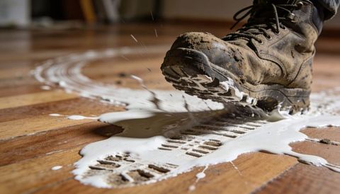 Muddy work boot stepping through paint spill on hardwood floor leaving clear tread imprint