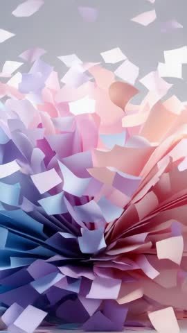 Pulsing Pastel Paper Fragments Lifting and Drifting Across Gray Canvas Vertical Video