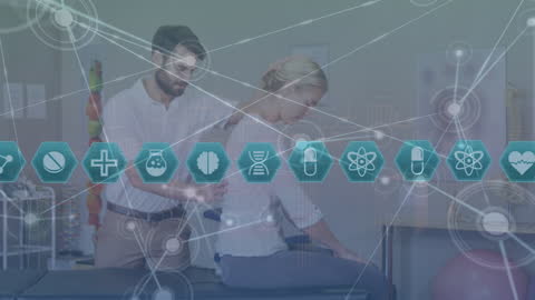 Caucasian Physiotherapist Treating Patient with Medical Data Overlay