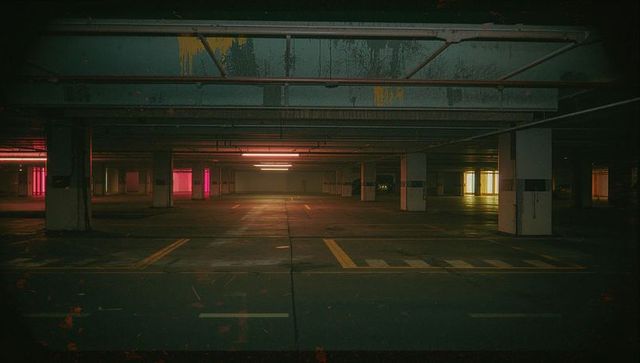 Dimly lit urban underground parking garage with neon lights