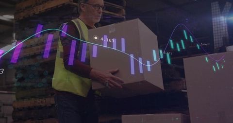 Warehouse worker carrying cardboard box with logistics data visualization, analytics