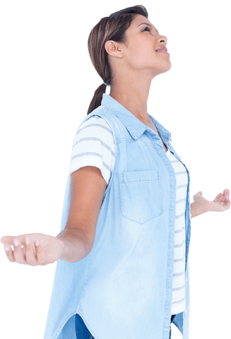 Side View Smiling Woman Arms Outstretched Transparent Background
