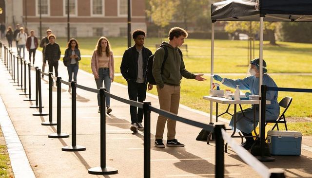 College students lining up for outdoor campus testing tent under canopy on sunlit quad