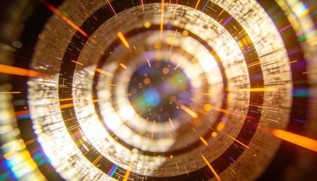 Rotating concentric metallic rings spiraling toward bluish core with golden sparks