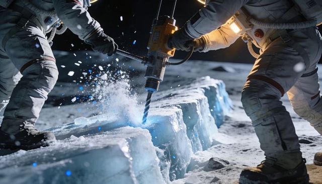 Astronauts drilling lunar ice core using high-power drill on blue glacier-like slab