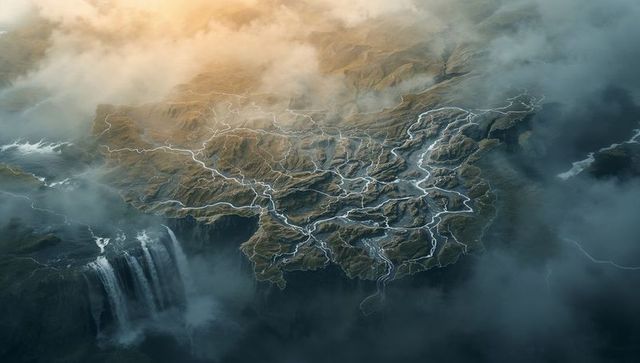 Majestic Plateau with Glowing Rivers and Cascading Waterfall