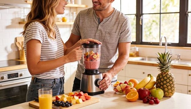 Couple blending fresh fruit smoothie together in bright sunlit kitchen for healthy morning