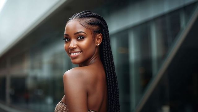 Smiling Model with Cornrow Braids Standing in Urban Environment