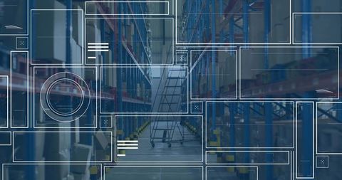 Smart Warehouse Logistics with Digital Overlay Showing Inventory Racks and Mobile Ladder