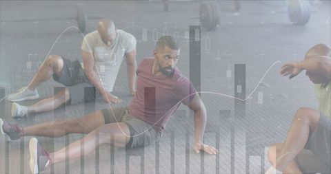 Diverse men relaxing after crosstraining with digital graph overlay