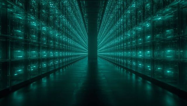 Futuristic teal data center corridor guiding eye toward distant column, glass server racks