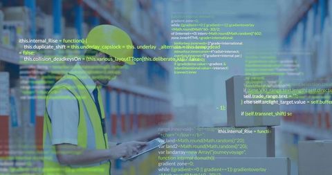 Warehouse worker checking tablet with green code overlay representing logistics automation