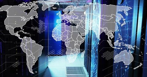 Projecting global network map across illuminated server racks in futuristic datacenter aisle