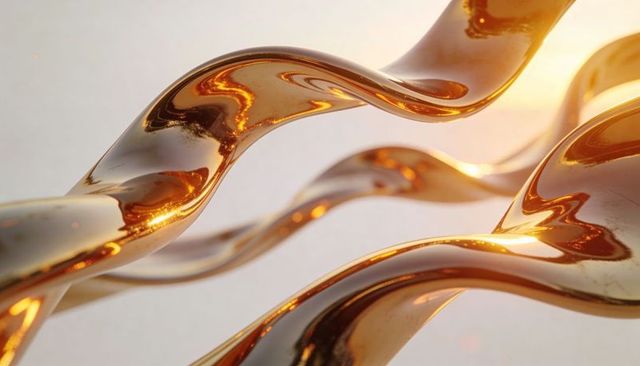 Flowing amber-gold liquid ribbons background glossy metallic glow and warm highlights