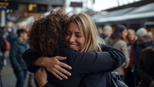 Candid warm reunion embracing on busy train platform showing joyful friends reconnecting
