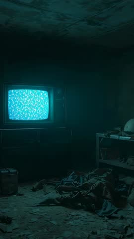 Flickering CRT TV pulsing cyan light in abandoned basement with blankets and helmet