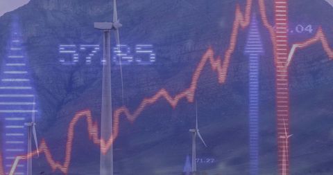 Wind turbines with financial data overlay illustrating energy market trends