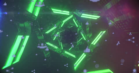 Futuristic Digital Network with Green Neon Shapes